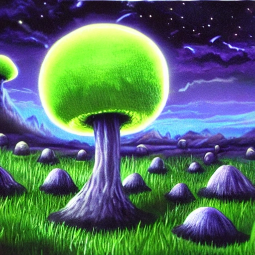 concept art painting of a fantasy alien fungal landscape at night, with slightly glowing dark green lights, slight glowing dark blue mushrooms, dark purple sky, realistic, detailed, cel shaded