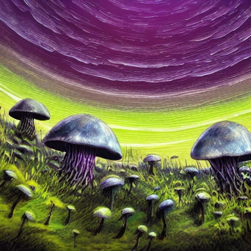 concept art painting of alien fungal landscape at dark night, with slightly glowing dark green lights, slight glowing dark blue fungi, dark purple sky, realistic, detailed, cel shaded