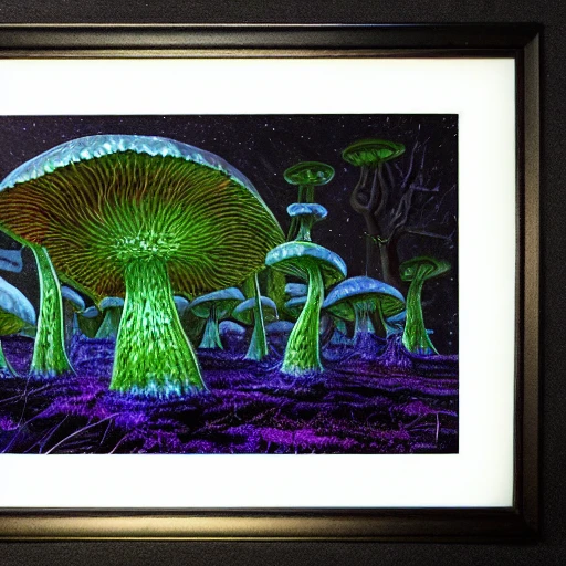 concept art painting of alien fungal landscape at dark night, with slightly glowing dark green lights, slight glowing dark blue fungi, dark purple sky, realistic, detailed, in the style of möbius, 3D