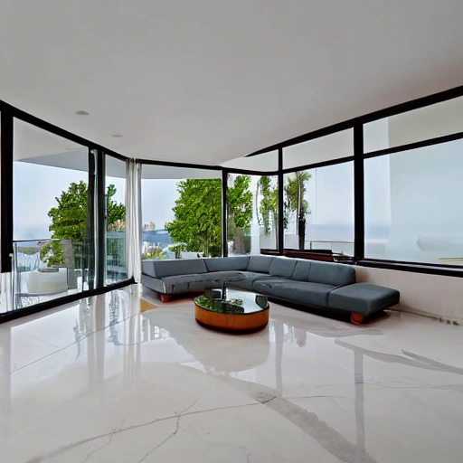 A modern living room with a beautiful white marble table between 2 white sofas ,on the left of the living room there are floor to ceiling glass window and on the right of the living room there are wooden stairs to the second floor,swimming pool nearby, spectacular views, 8k resolution, , Cartoon