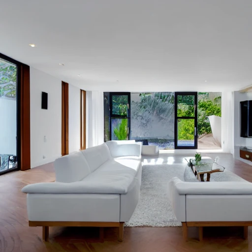 A modern living room with a beautiful white marble table between 2 white sofas ,on the left of the living room there are floor to ceiling glass window and on the right of the living room there are wooden stairs to the second floor,swimming pool nearby, spectacular views, 8k resolution, , Trippy