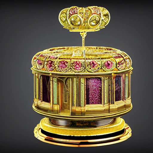 Create a hyper-realistic, volumetric, and photorealistic music box in the style of Faberge, inspired by the works of Michaelangelo, Leonardo da Vinci and symmetrical design, with intricate and detailed jewel encrustment, sparkling and ultra-detailed in 8K resolution, using Unreal Engine 5 and advanced techniques such as cinematic color grading, depth of field, ultra-wide angle, and shot on a 70mm lens with a shutter speed of 11000, F22, and white balance of 32k, Pro Photo RGB. The music box should be placed in a lonely and moody setting with a mix of half rear and back lighting, natural lighting, incandescent, and cinematic lighting. Use advanced techniques such as volumetric, conte-jour, beautiful lighting, accent lighting, global illumination, ray tracing global illumination, optics, scattering, glowing, shadows, rough, shimmering, ray tracing reflections, lumen reflections, diffraction grading, chromatic aberration, GB displacement, scan lines, ray traced, anti-aliasing, shaders, and post-processing to create a mesmerizing, hyper-maximalist, elegant, and dynamic pose. The final output should be in VR mode, suitable for editorial and photography purposes.