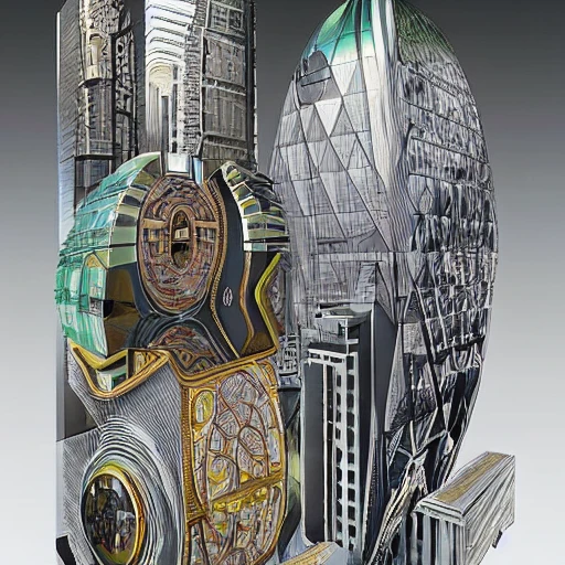 Create a portrait of a futuristic city in the style of Faberge, inspired by the works of Michaelangelo and Leonardo da Vinci. The image should be highly detailed, featuring intricate patterns and designs, and should be shot at a wide angle using advanced techniques such as cinematic color grading and depth of field. The final output should be in 8K resolution with VR support, suitable for editorial and photography purposes