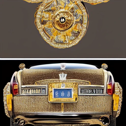 a gem encrusted rolls royce, in the style of Faberge, inspired by the works of Michaelangelo and Leonardo da Vinci. The image should be highly detailed, featuring intricate patterns and designs, and should be shot at a wide angle using advanced techniques such as cinematic color grading and depth of field. The final output should be in 8K resolution with VR support, suitable for editorial and photography purposes