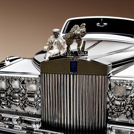 a gem encrusted rolls royce viewed from the front, with the hood  ornament, in the style of Faberge, inspired by the works of Michaelangelo and Leonardo da Vinci. The image should be highly detailed, featuring intricate patterns and designs, and should be shot at a wide angle using advanced techniques such as cinematic color grading and depth of field. The final output should be in 8K resolution with VR support, suitable for editorial and photography purposes