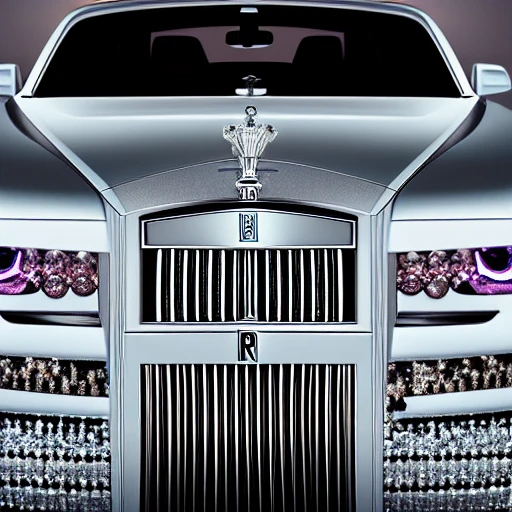 Create an image of a gem-encrusted Rolls-Royce viewed from the front, with the hood ornament prominently featured. The car should be adorned with intricate patterns and designs reminiscent of the style of the famous Russian jeweler Faberge. Incorporate advanced techniques such as cinematic color grading and depth of field to create a visually stunning image. The final output should be in 8K resolution and optimized for VR support, suitable for use in editorial and photography applications. Incorporate elements of the artistic styles of Leonardo da Vinci and Michelangelo to add a unique and visually striking touch to the image.