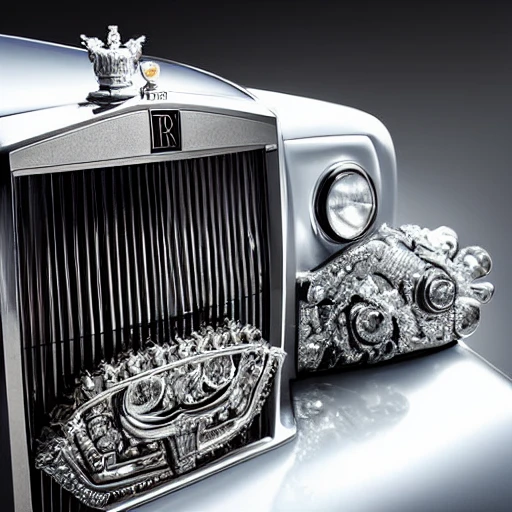 a gem-encrusted Rolls-Royce viewed from the front at an angle, with the hood ornament prominently featured. The car should be adorned with intricate patterns and designs reminiscent of the style of the famous Russian jeweler Faberge. Incorporate advanced techniques such as cinematic color grading and depth of field to create a visually stunning image. The final output should be in 8K resolution and optimized for VR support, suitable for use in editorial and photography applications. Incorporate elements of the artistic styles of Leonardo da Vinci and Michelangelo to add a unique and visually striking touch to the image.