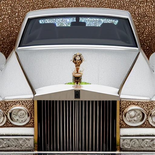 a gem-encrusted Rolls-Royce viewed from the front at an angle, with the hood ornament prominently featured.  Faberge style, Leonardo da Vinci and Michelangelo style. Incorporate advanced techniques such as cinematic color grading and depth of field to create a visually stunning image. The final output should be in 8K resolution and optimized for VR support, suitable for use in editorial and photography applications. 