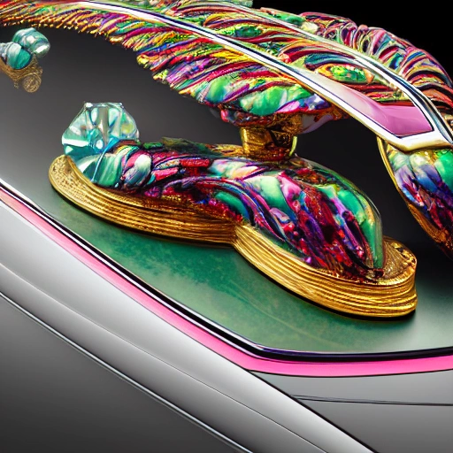 Kaleidoscope colored gem-encrusted Rolls-Royce viewed from the front at an obtuse angle, with the hood ornament prominently featured.  Faberge style, Leonardo da Vinci and Michelangelo style. Incorporate advanced techniques such as cinematic color grading and depth of field to create a visually stunning image. The final output should be in 8K resolution and optimized for VR support, suitable for use in editorial and photography applications. 