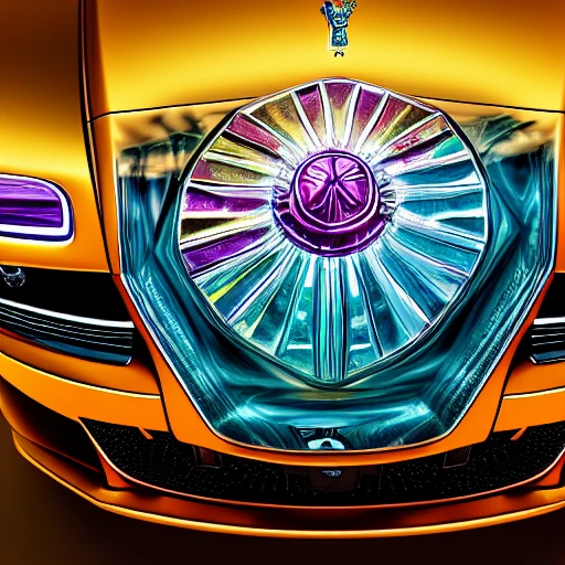 Kaleidoscope colored gem-encrusted Rolls-Royce car viewed from the front at an obtuse angle, with the hood ornament prominently featured.  Faberge style, Leonardo da Vinci and Michelangelo style. Incorporate advanced techniques such as cinematic color grading and depth of field to create a visually stunning image. The final output should be in 8K resolution and optimized for VR support, suitable for use in editorial and photography applications. 