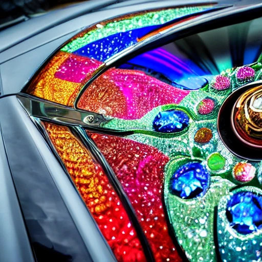 Rolls-Royce car encrusted with Kaleidoscope colored gems, viewed from the front at an obtuse angle, with the hood ornament prominently featured.  Faberge style, Leonardo da Vinci and Michelangelo style. Incorporate advanced techniques such as cinematic color grading and depth of field to create a visually stunning image. The final output should be in 8K resolution and optimized for VR support, suitable for use in editorial and photography applications. 