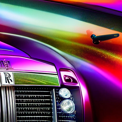 Rolls-Royce car encrusted with Kaleidoscope colored gems, viewed from the front at a skewed angle, with the hood ornament prominently featured.  Faberge style, Leonardo da Vinci and Michelangelo style. Incorporate advanced techniques such as cinematic color grading and depth of field to create a visually stunning image. The final output should be in 8K resolution and optimized for VR support, suitable for use in editorial and photography applications. 