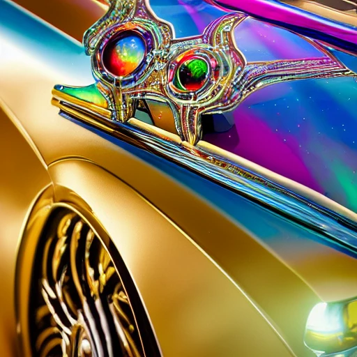 Rolls-Royce car encrusted with Kaleidoscope colored gems, viewed from the front corner at a skewed angle, hood ornament prominently featured.  Faberge style, Leonardo da Vinci and Michelangelo style. Incorporate advanced techniques such as cinematic color grading and depth of field to create a visually stunning image. The final output should be in 8K resolution and optimized for VR support, suitable for use in editorial and photography applications. 