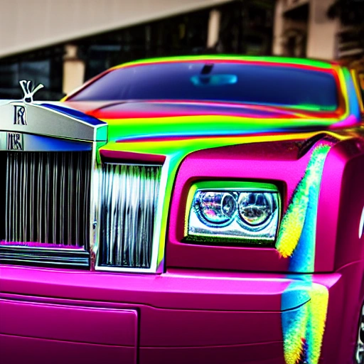 Rolls-Royce car encrusted with Kaleidoscope colored gems, viewed from the front corner, hood ornament prominently featured.  Faberge style, Leonardo da Vinci and Michelangelo style. Incorporate advanced techniques such as cinematic color grading and depth of field to create a visually stunning image. The final output should be in 8K resolution and optimized for VR support, suitable for use in editorial and photography applications. 