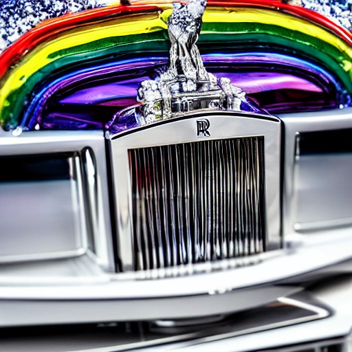 
Rolls-Royce car encrusted rainbow colored gems, viewed from the front corner, hood ornament prominently featured.  Faberge style, Leonardo da Vinci and Michelangelo style. Incorporate advanced techniques such as cinematic color grading and depth of field to create a visually stunning image. The final output should be in 8K resolution and optimized for VR support, suitable for use in editorial and photography applications. clean background.
