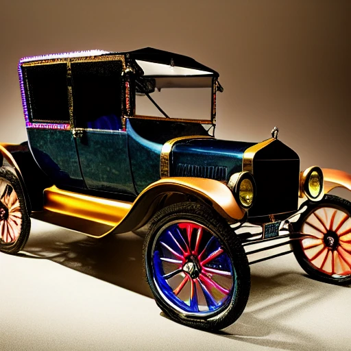 
ford model t car viewed from the front corner,.  Faberge style, Leonardo da Vinci and Michelangelo style. encrusted with multi  colored gems,  Incorporate advanced techniques such as cinematic color grading and depth of field to create a visually stunning image. The final output should be in 8K resolution and optimized for VR support, suitable for use in editorial and photography applications. clean background.
