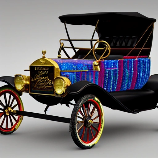 
3D ford model t car viewed from the front corner,.  Faberge style, Leonardo da Vinci and Michelangelo style. encrusted with multi  colored gems,  Incorporate advanced techniques such as cinematic color grading and depth of field to create a visually stunning image. The final output should be in 8K resolution and optimized for VR support, suitable for use in editorial and photography applications. clean background.
,