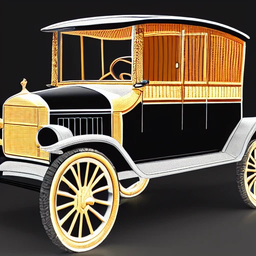 a 3D computer-generated image of a Ford Model T car viewed from the front corner. The car should be adorned with intricate patterns and designs reminiscent of the style of the famous Russian jeweler Faberge, and encrusted with multi-colored gems. Incorporate elements of the artistic styles of Leonardo da Vinci and Michelangelo to add a unique and visually striking touch to the image. Incorporate advanced techniques such as cinematic color grading and depth of field to create a visually stunning image. The final output should be in 8K resolution and optimized for VR support, suitable for use in editorial and photography applications. Use a clean background to focus on the car.