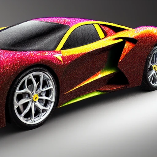 a ferarri car viewed from the front corner.  Faberge style, and encrusted with tons of multi-colored gems. Incorporate elements of the artistic styles of Leonardo da Vinci and Michelangelo to add a unique and visually striking touch to the image. Incorporate advanced techniques such as cinematic color grading and depth of field to create a visually stunning image. The final output should be in 8K resolution and optimized for VR support, suitable for use in editorial and photography applications. Use a clean background to focus on the car.