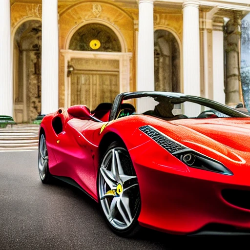 a ferrari car viewed from the front corner.  Faberge style, ultra intricate and encrusted with lots of multi-colored gems.  styles of Leonardo da Vinci and Michelangelo. Incorporate advanced techniques such as cinematic color grading and depth of field to create a visually stunning image. The final output should be in 8K resolution and optimized for VR support, suitable for use in editorial and photography applications. Use a clean background to focus on the car.