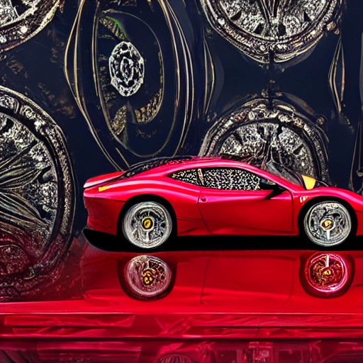 a ferrari car viewed from the front corner.  Faberge style, ultra intricate and encrusted with lots of multi-colored gems.  styles of Leonardo da Vinci and Michelangelo. Incorporate advanced techniques such as cinematic color grading and depth of field to create a visually stunning image. The final output should be in 8K resolution and optimized for VR support, suitable for use in editorial and photography applications. Use a clean background to focus on the car.