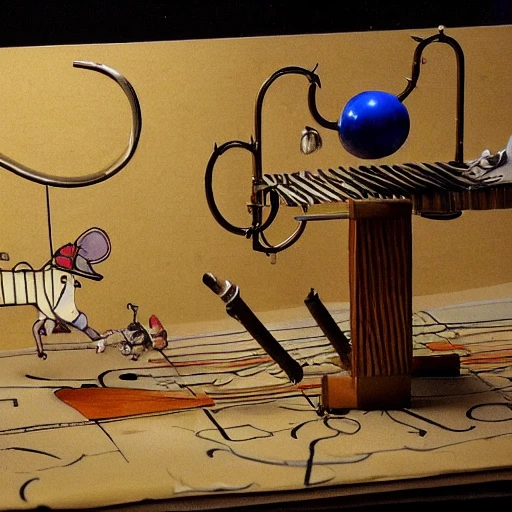 Create a visually stunning and highly detailed 3D animation of a Rube Goldberg-inspired mouse trap, drawing inspiration from the artistic styles of Leonardo da Vinci, Michelangelo, and Salvador Dali. The animation should showcase the intricate mechanisms and contraptions of the mouse trap in motion, with each step of the trap's function being a work of art in itself. Incorporate elements of their unique styles, such as da Vinci's use of technical drawings, Michelangelo's emphasis on movement and fluidity, and Dali's surreal and dreamlike imagery. The animation should also include a sketchy and hand-drawn aesthetic, reminiscent of Dali's sketches.