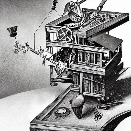 Rube Goldberg-inspired mouse trap,  Leonardo da Vinci, Michelangelo, and Salvador Dali. The animation should showcase the intricate mechanisms and contraptions of the mouse trap in motion, with each step of the trap's function being a work of art in itself. extremely intricate and high definition
