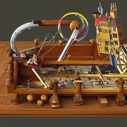 Rube Goldberg-inspired mouse trap,  Leonardo da Vinci, Michelangelo,  The animation should showcase the intricate mechanisms and contraptions of the mouse trap in motion, with each step of the trap's function being a work of art in itself. extremely intricate and high definition, colorful
