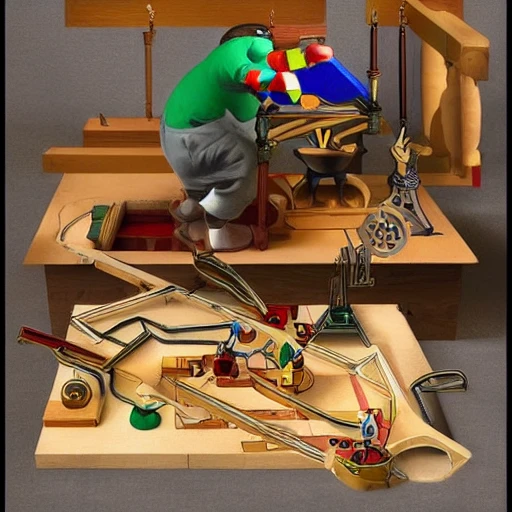 3D Rube Goldberg-inspired mouse trap,  Leonardo da Vinci, Michelangelo,  The animation should showcase the intricate mechanisms and contraptions of the mouse trap in motion, with each step of the trap's function being a work of art in itself. extremely intricate and high definition, colorful
