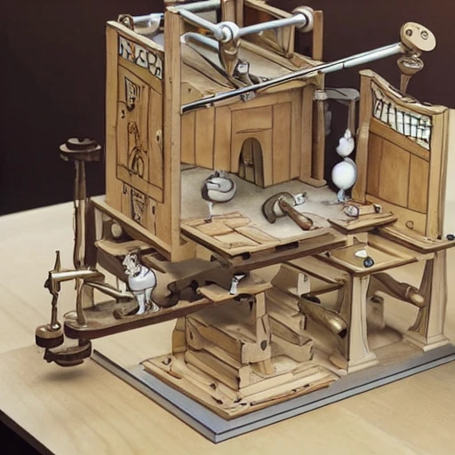 Rube Goldberg-inspired funny whimsical architectural contraption with a series of mechanisms used to do a simple task, drawing inspiration from the artistic styles of Leonardo da Vinci and Michelangelo.  each step of the function being a work of art in itself. The animation should be extremely intricate and high definition.