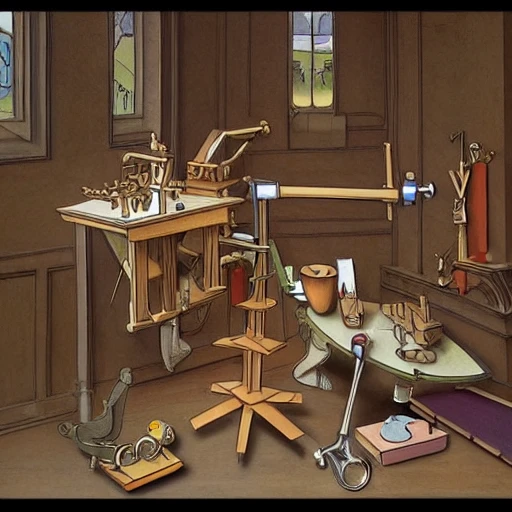 Rube Goldberg-inspired funny whimsical architectural contraption with a series of mechanisms used to do a simple task, drawing inspiration from the artistic styles of Leonardo da Vinci and Michelangelo.  each step of the function being a work of art in itself. The animation should be extremely intricate and high definition.