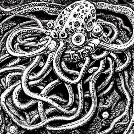 Prompt: Sketch a surreal scene of a giant, metallic octopus, with tentacles that are also made up of miniature, interconnected gears and machinery, emerging from a pool of bubbling, molten lava. The detailed and intricate gears should be clearly visible, with beautiful lighting casting shadows on the creature's glistening, chrome-like skin. The scene should be proportional and cinematic, with a realistic sense of depth and dimension. In the background, have a group of futuristic, robot-like beings running for cover as the octopus rises up from the lava. The sketch should be inspired by the styles of HR Giger and Zdziscaw Beksinski, 4k, clean, realistic face, realistic eyes, highest quality, realistic hands, trending on artstation