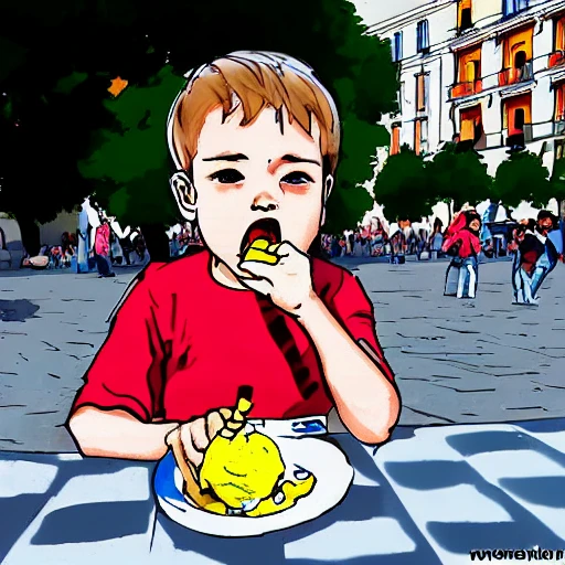 a boy eating an ice cream in the main square of madrid in manga style