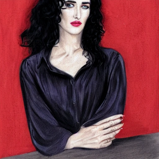 portrait of a woman  with the face of  Monica Bellucci  mixed with eva green mixed with Jennifer Connelly  mixed with Cate Blanchett with  the nose of María Valverde,  with long black hair and extremely wavy  with lots of curls. in contrast to pale skin, wearing a red button-up shirt with a flower print, face looking down,  preparing food in the kitchen with big window behind, behind the window a garden, professional photography, natural lighting coming from the window in the background. sharp focus,  
, Water Color, Oil Painting