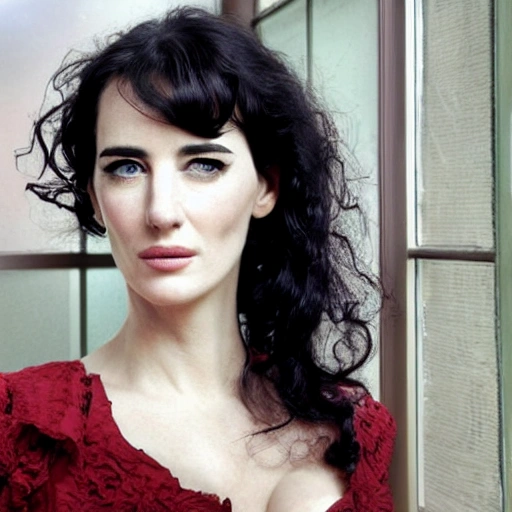 portrait of a woman  with the face of  Monica Bellucci  mixed with eva green mixed with Jennifer Connelly  mixed with Cate Blanchett with  the nose of María Valverde,  with long black hair and extremely wavy  with lots of curls. in contrast to pale skin, wearing a red button-up shirt with a flower print, face looking down,  preparing food in the kitchen with big window behind, behind the window a garden, professional photography, natural lighting coming from the window in the background. sharp focus,  
, Pencil Sketch