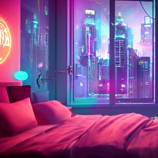 inside a girl room, cyberpunk vibe, neon glowing lights, sharp f ...