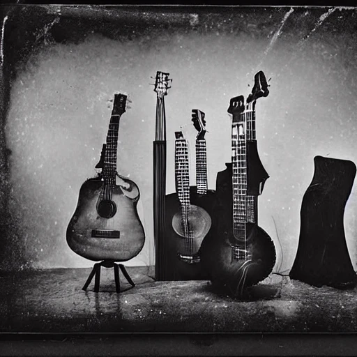 Hint: using the wet plate collodion process, create a detailed and intricate rap image of 4 singers with a guitar in concert, with beautiful lighting illuminating the figures and the guitar it leaves behind. The scene should be cinematic, with proportional characters. , Trippy