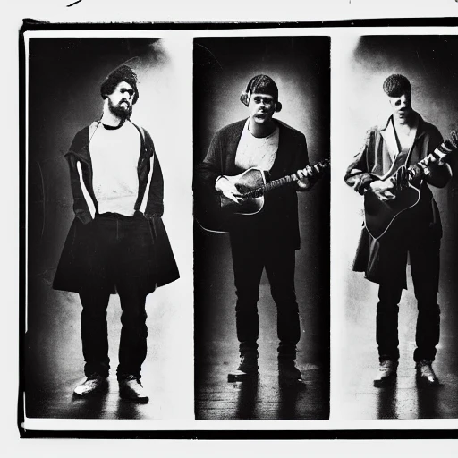 Hint: using the wet plate collodion process, create a detailed and intricate image of four white men standing side by side, rapping with a guitar in a concert with beautiful lighting. The scene should be cinematic, with proportional characters with white skin. In jeans and sweatshirts with caps. Trippy, Cartoon