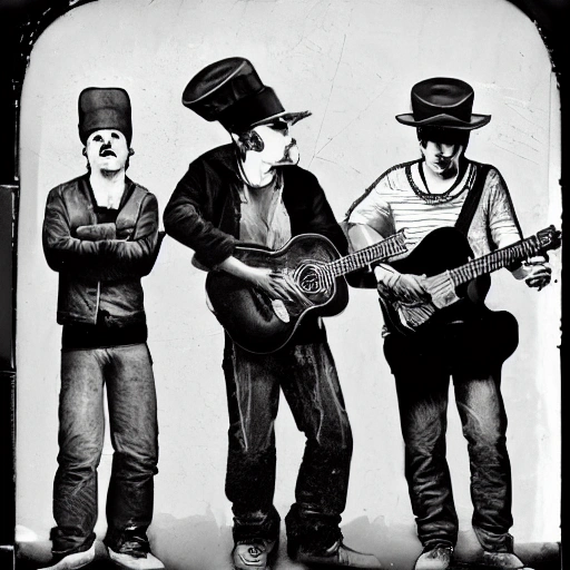 Hint: Using the wet plate collodion process, create a detailed and intricate image of four white men standing on stage, rapping with a guitar in a concert with beautiful lighting. The scene should be cinematic, with proportional characters with white skin. In jeans and sweatshirts with caps. Cartoon