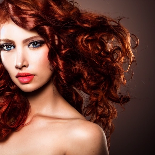 closeup portrait of a sexy girl, windblown red wavy hair, steampunk city in the background, professional studio lighting, very detailed, 8k, trending on artstation