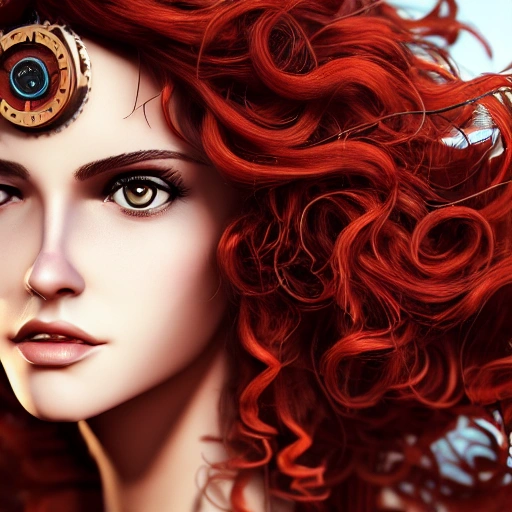 closeup portrait of a sexy girl, windblown red wavy hair, steampunk city in the background, professional studio lighting, very detailed, 8k, trending on artstation