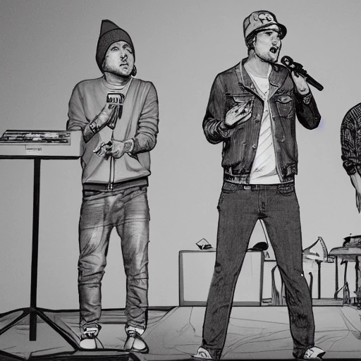 Hint: create a detailed and intricate image of four white men standing on stage, rapping with a guitar in a concert with beautiful lighting. The scene should be cinematic, with proportional characters with white skin. In jeans and sweatshirts with caps. 4 people, Trippy, Pencil Sketch