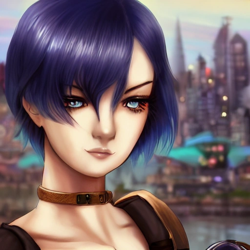 closeup portrait of a sexy girl, steampunk city in the background,  very detailed, 8k, trending on artstation, anime, ahegao, blue short hair