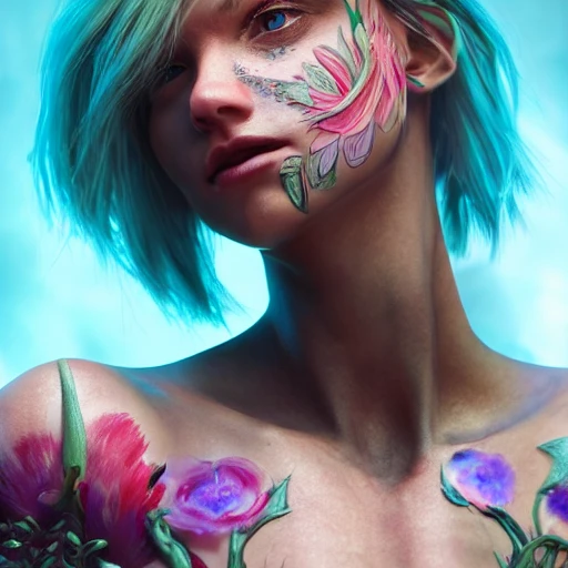 upper-body shot, 1beautiful woman, pretty face, perfect naked breast, colorful flower patterns, detailed blue eyes, extremely detailed, intricate, olumetric lighting, hyper realistic, concept art, awarding winning photography, octane render