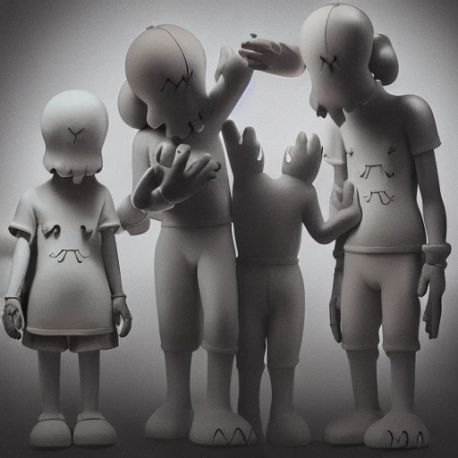 Hint: Rendering of four white-skinned people standing in the dark, with detailed beautiful lighting illuminating the scene from a soffit in the background. The scene is cinematic and realistic. Created by artists Banksy and KAWS, 4k, clear, realistic face, realistic eyes, highest quality, realistic hands, trending on artstation, a masterpiece
, Trippy