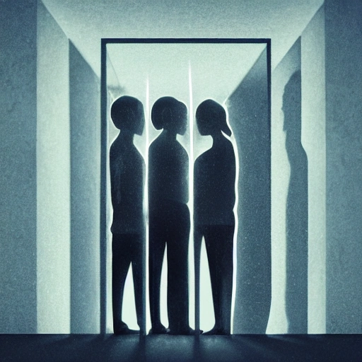 Hint: Rendering of four people standing in the dark, with detailed beautiful lighting illuminating the scene from a soffit. The scene is cinematic in the style of Banksy and realistic, 4k, clear, realistic face, realistic eyes, the highest quality, realistic hands, trending on artstation, a masterpiece Trippy , Cartoon