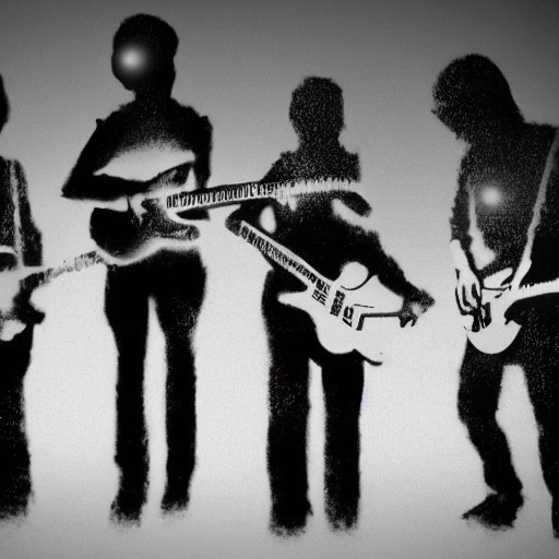 Hint: Rendering of four men standing in the dark with one guitar, detailed with beautiful lighting. The scene is cinematic in the style of Banksy and realistic, 4k, clear, realistic face, realistic eyes, the highest quality, realistic hands, trending on artstation, a masterpiece. Trippy , Cartoon