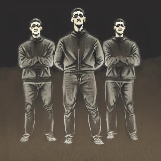 Hint: rendering of four men standing in the dark, detailed with beautiful lighting. The scene is cinematic in the style of Banksy and realistic, 4k, clear, realistic face, realistic eyes, the highest quality, realistic hands, trending on artstation, a masterpiece
Trippy , Cartoon