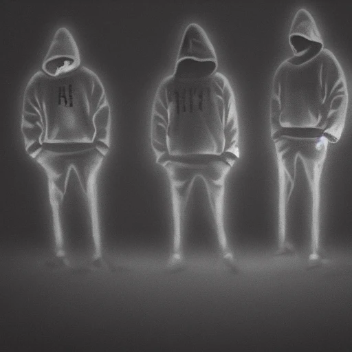 Hint: Rendering of four men in hoodies standing in the dark, detailed with beautiful lighting. The scene is cinematic in the style of Banksy and realistic, 4k, clear, realistic face, realistic eyes, the highest quality, realistic hands, trending on artstation, a masterpiece. Trippy