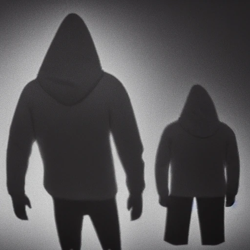 Hint: Rendering of four men in hoodies standing in the dark, detailed with beautiful lighting. The scene is cinematic in the style of Banksy and realistic, 4k, clear, realistic face, realistic eyes, the highest quality, realistic hands, trending on artstation, a masterpiece. , 3D